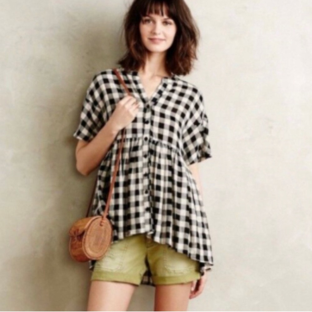 Anthropologie cotton/linen tunic gingham top EUC/M
